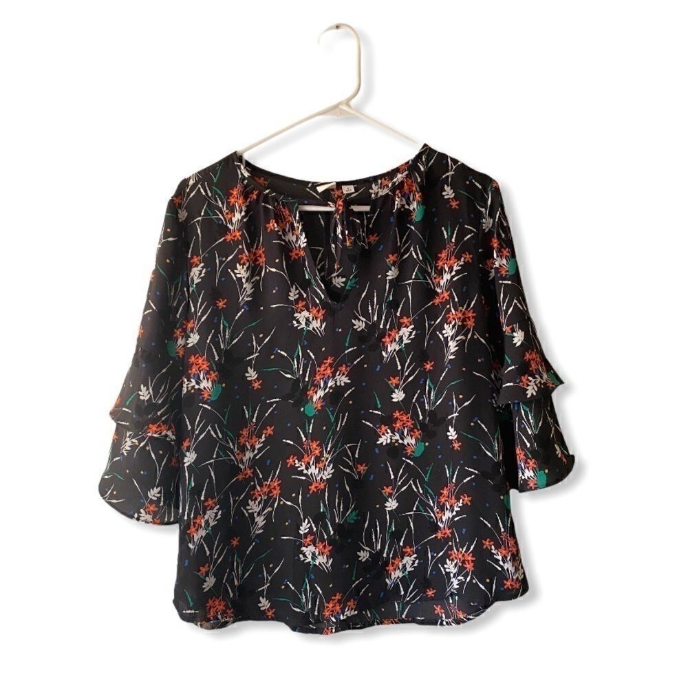 GAP Black Floral Tie Neck Blouse with Half Sleeves